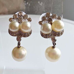 Vintage JOMAZ Signed Drop Dangle Faux Pearl Crystal Clip-On Earrings